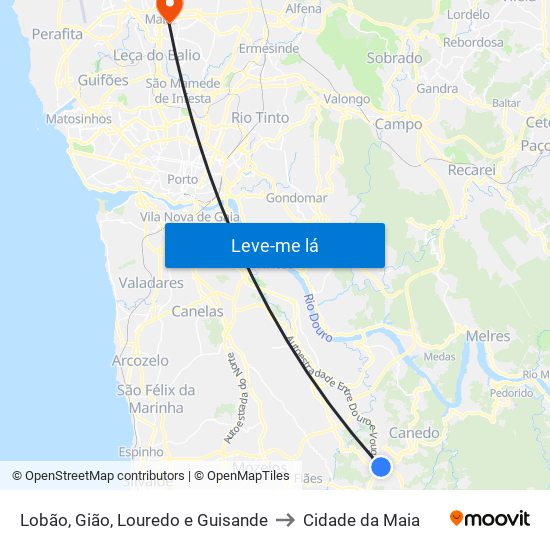 Lobão, Gião, Louredo e Guisande to Cidade da Maia map