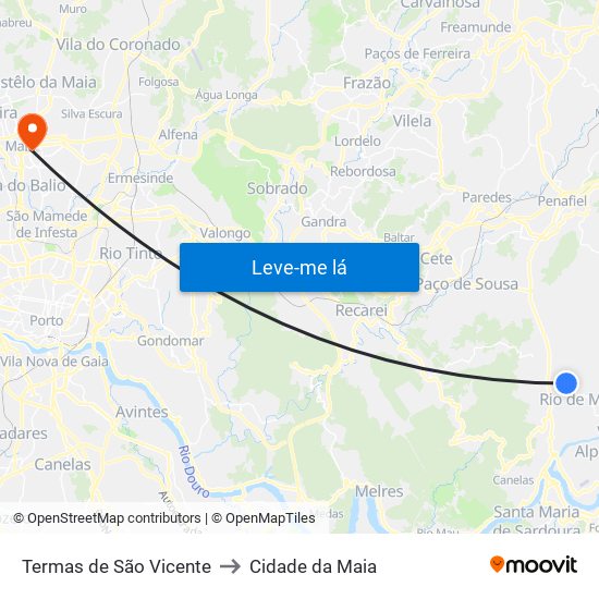 Termas de São Vicente to Cidade da Maia map