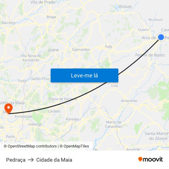 Pedraça to Cidade da Maia map