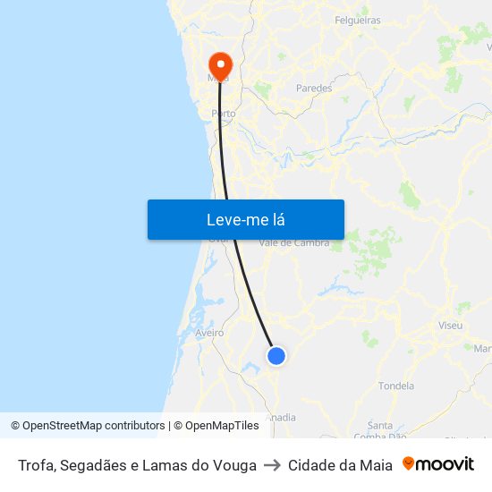 Trofa, Segadães e Lamas do Vouga to Cidade da Maia map