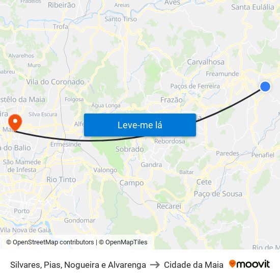 Silvares, Pias, Nogueira e Alvarenga to Cidade da Maia map