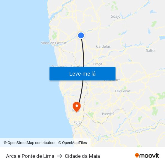 Arca e Ponte de Lima to Cidade da Maia map