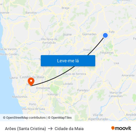 Arões (Santa Cristina) to Cidade da Maia map
