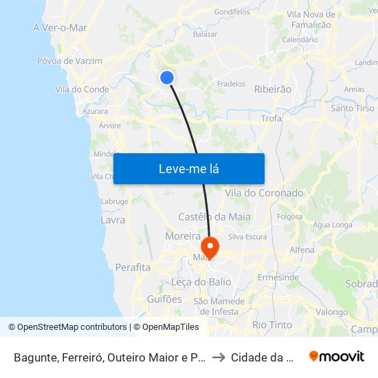 Bagunte, Ferreiró, Outeiro Maior e Parada to Cidade da Maia map
