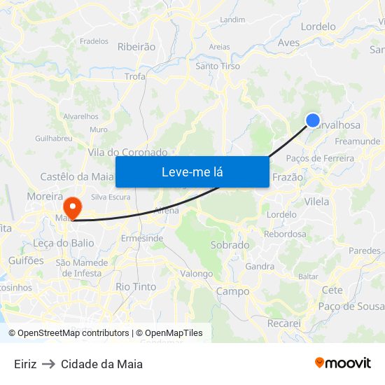 Eiriz to Cidade da Maia map