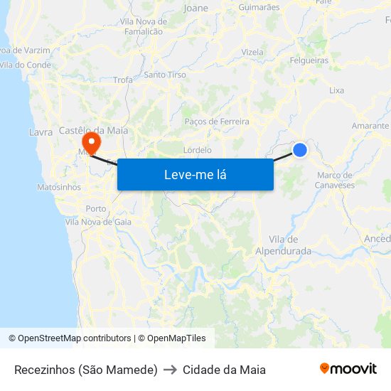 Recezinhos (São Mamede) to Cidade da Maia map
