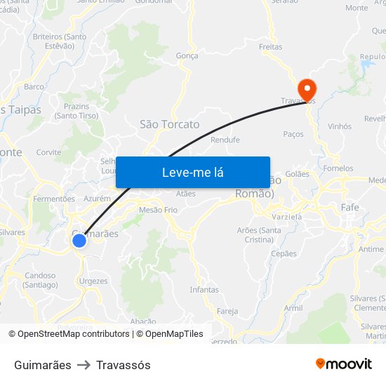 Guimarães to Travassós map