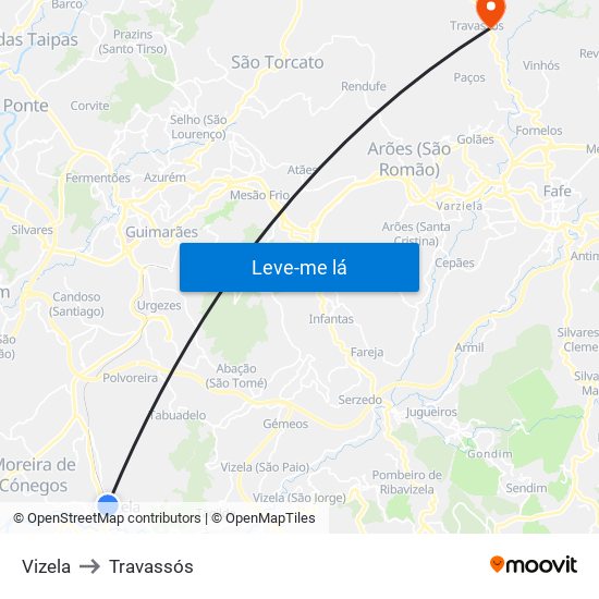 Vizela to Travassós map