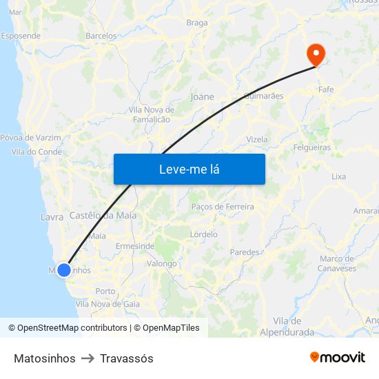 Matosinhos to Travassós map