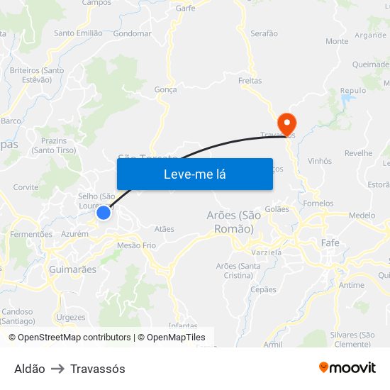 Aldão to Travassós map