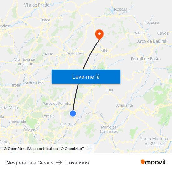 Nespereira e Casais to Travassós map