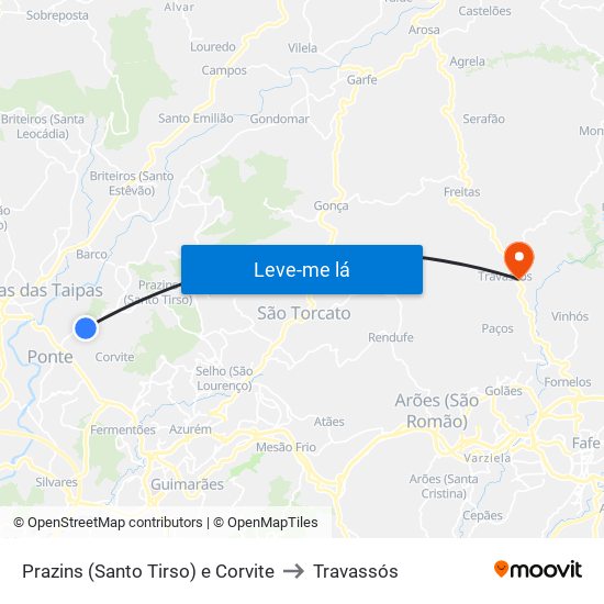 Prazins (Santo Tirso) e Corvite to Travassós map