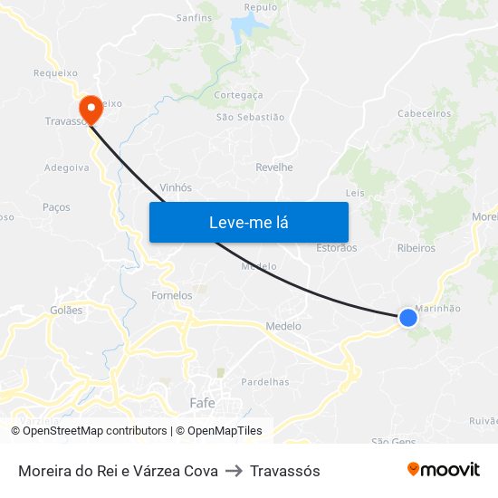 Moreira do Rei e Várzea Cova to Travassós map