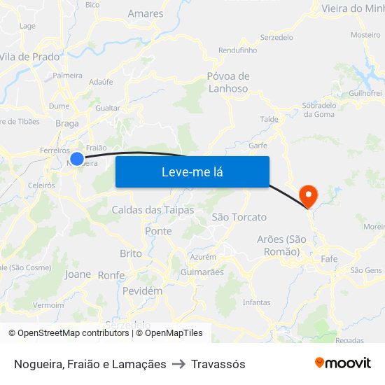 Nogueira, Fraião e Lamaçães to Travassós map