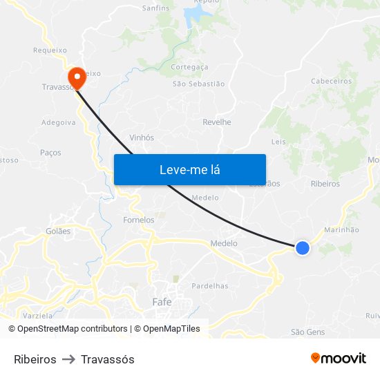 Ribeiros to Travassós map