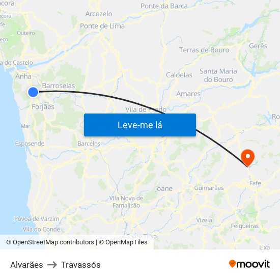 Alvarães to Travassós map