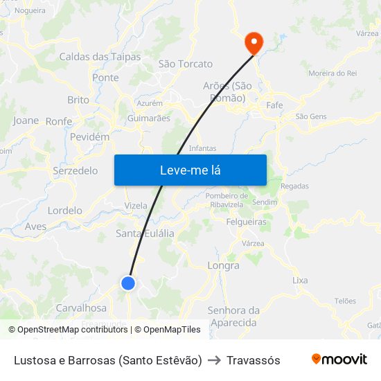 Lustosa e Barrosas (Santo Estêvão) to Travassós map
