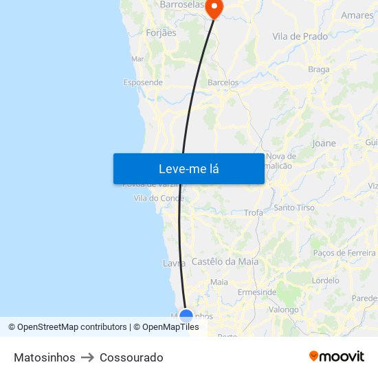 Matosinhos to Cossourado map