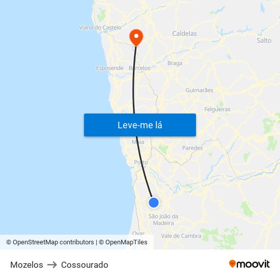 Mozelos to Cossourado map