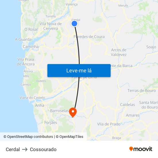 Cerdal to Cossourado map