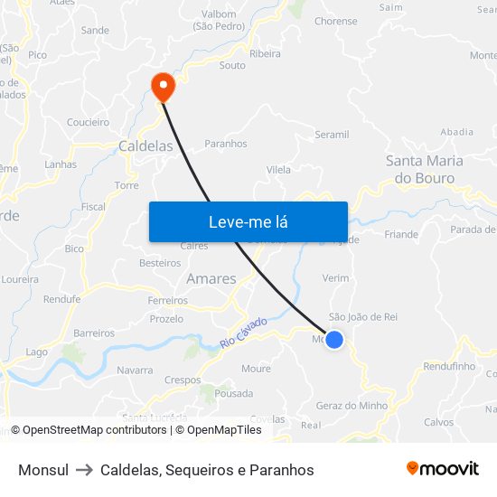 Monsul to Caldelas, Sequeiros e Paranhos map