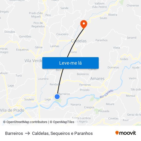 Barreiros to Caldelas, Sequeiros e Paranhos map