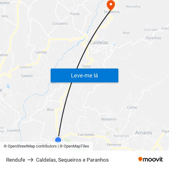 Rendufe to Caldelas, Sequeiros e Paranhos map