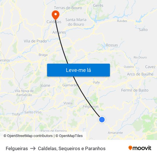 Felgueiras to Caldelas, Sequeiros e Paranhos map