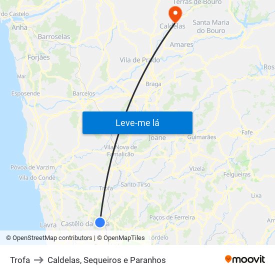 Trofa to Caldelas, Sequeiros e Paranhos map