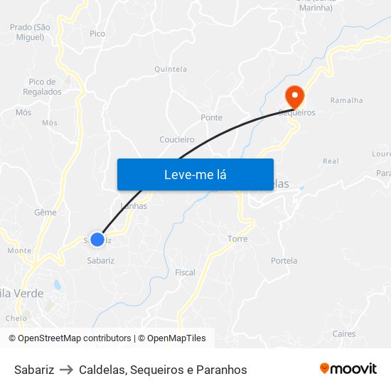 Sabariz to Caldelas, Sequeiros e Paranhos map