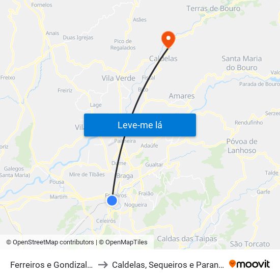 Ferreiros e Gondizalves to Caldelas, Sequeiros e Paranhos map