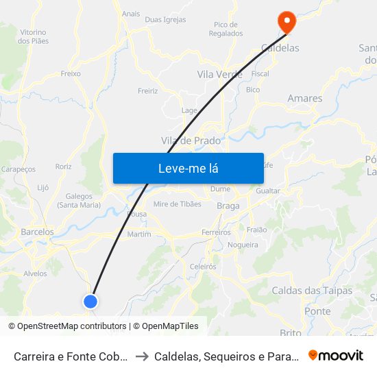 Carreira e Fonte Coberta to Caldelas, Sequeiros e Paranhos map