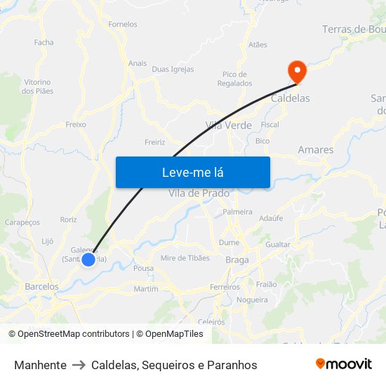 Manhente to Caldelas, Sequeiros e Paranhos map