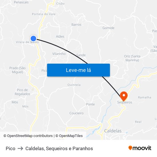 Pico to Caldelas, Sequeiros e Paranhos map