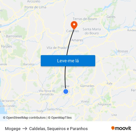 Mogege to Caldelas, Sequeiros e Paranhos map