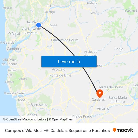 Campos e Vila Meã to Caldelas, Sequeiros e Paranhos map