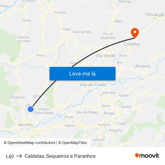 Lijó to Caldelas, Sequeiros e Paranhos map