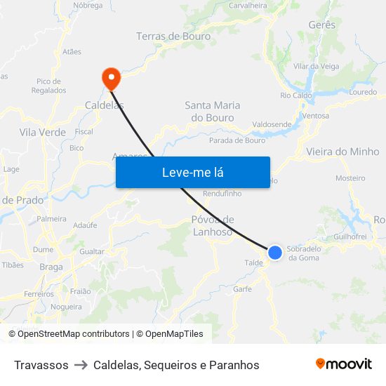 Travassos to Caldelas, Sequeiros e Paranhos map