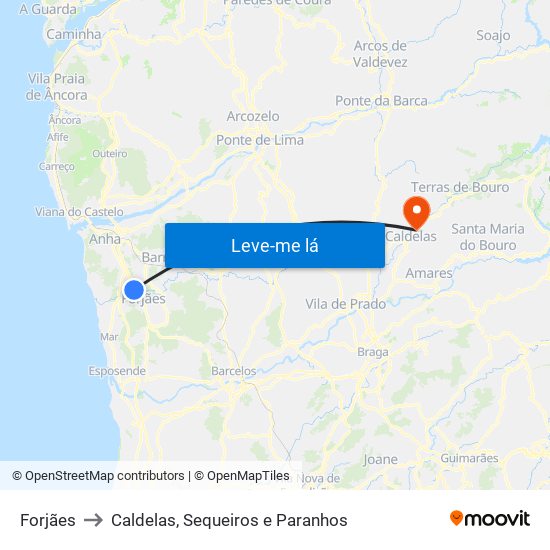 Forjães to Caldelas, Sequeiros e Paranhos map