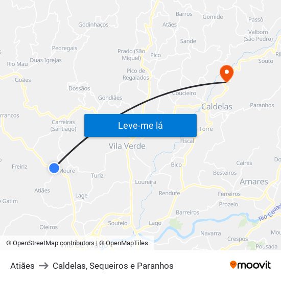 Atiães to Caldelas, Sequeiros e Paranhos map