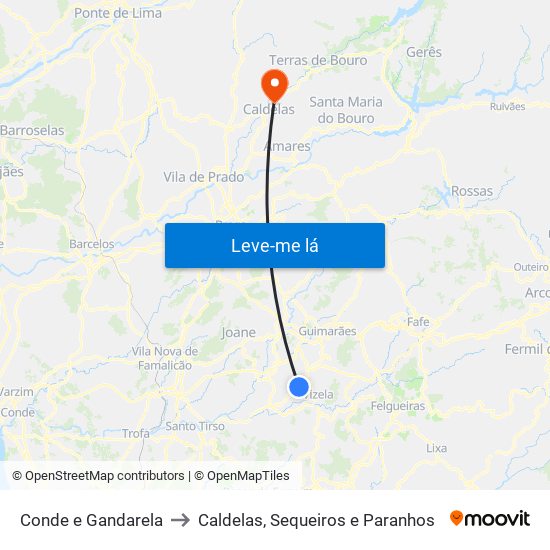 Conde e Gandarela to Caldelas, Sequeiros e Paranhos map