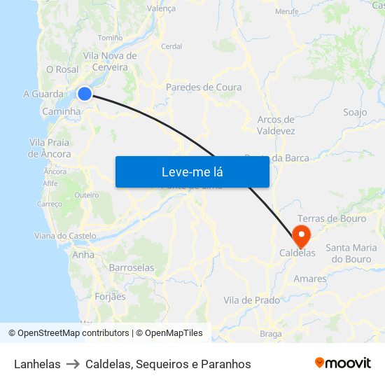 Lanhelas to Caldelas, Sequeiros e Paranhos map