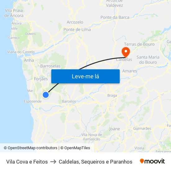 Vila Cova e Feitos to Caldelas, Sequeiros e Paranhos map