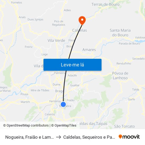 Nogueira, Fraião e Lamaçães to Caldelas, Sequeiros e Paranhos map
