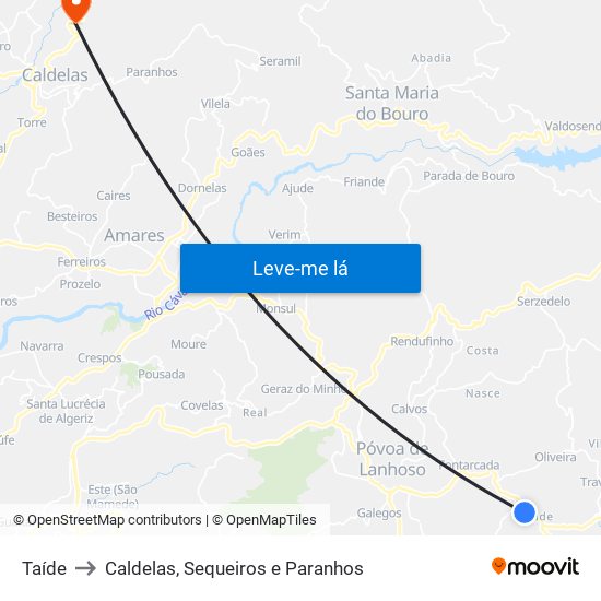 Taíde to Caldelas, Sequeiros e Paranhos map