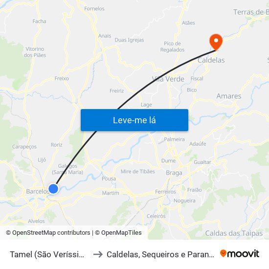 Tamel (São Veríssimo) to Caldelas, Sequeiros e Paranhos map