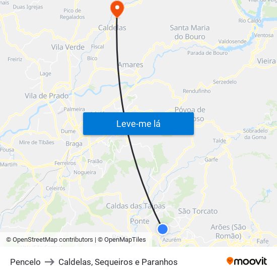 Pencelo to Caldelas, Sequeiros e Paranhos map
