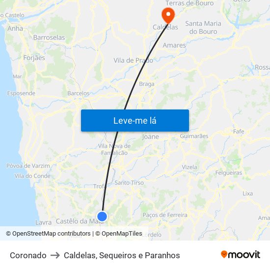 Coronado to Caldelas, Sequeiros e Paranhos map