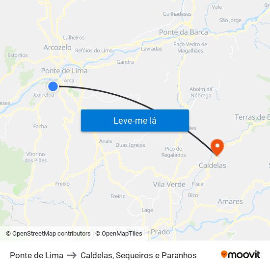 Ponte de Lima to Caldelas, Sequeiros e Paranhos map