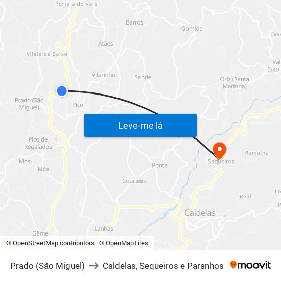 Prado (São Miguel) to Caldelas, Sequeiros e Paranhos map